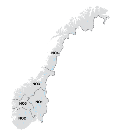Illustration of the five bidding zones in Norway.