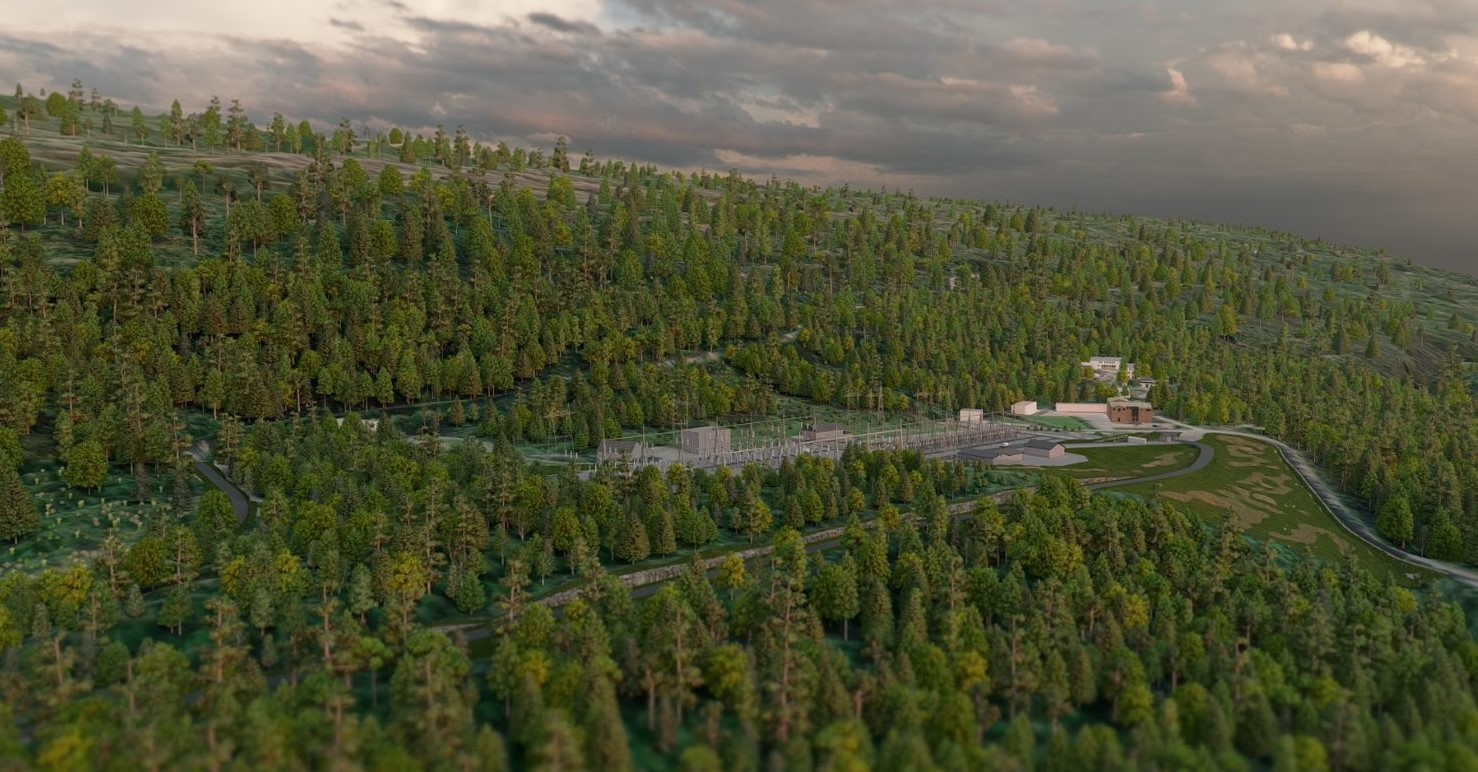 Transformatorstasjon midt en skog med masse grønn skog. 