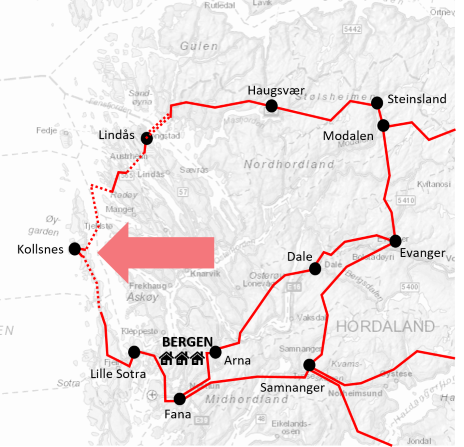 Kart som viser oppgradering til 420 kV (markert som rødt) og ny forbindelse til Kollsnes. Oppgradering av  Sogndal-Modalen vises ikke i kartet.