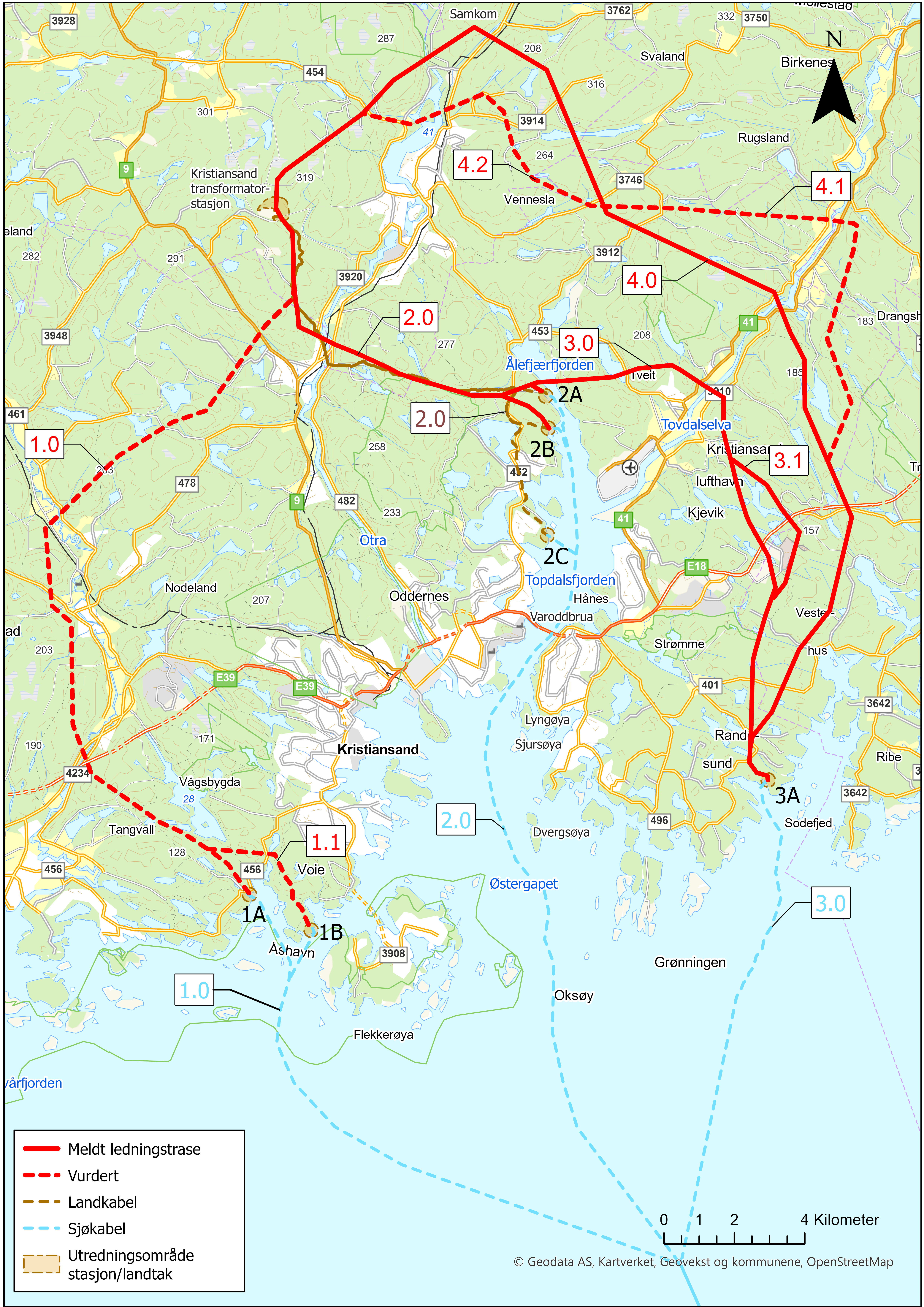 Kart over traseer som meldes for skagerak 1 og 2